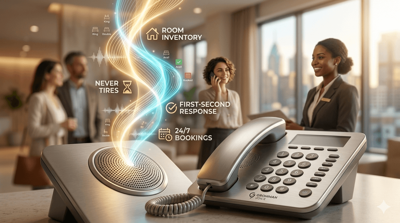 AI quality manager Gromman Voice is integrated into the hotel's digital ecosystem to instantly process bookings and ensure 100% polite service for every guest.
