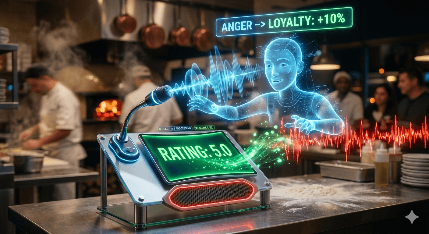 AI quality manager Gromman Voice is integrated into the busy pizzeria kitchen workspace to instantly intercept negative feedback and ensure 100% polite service for every guest.