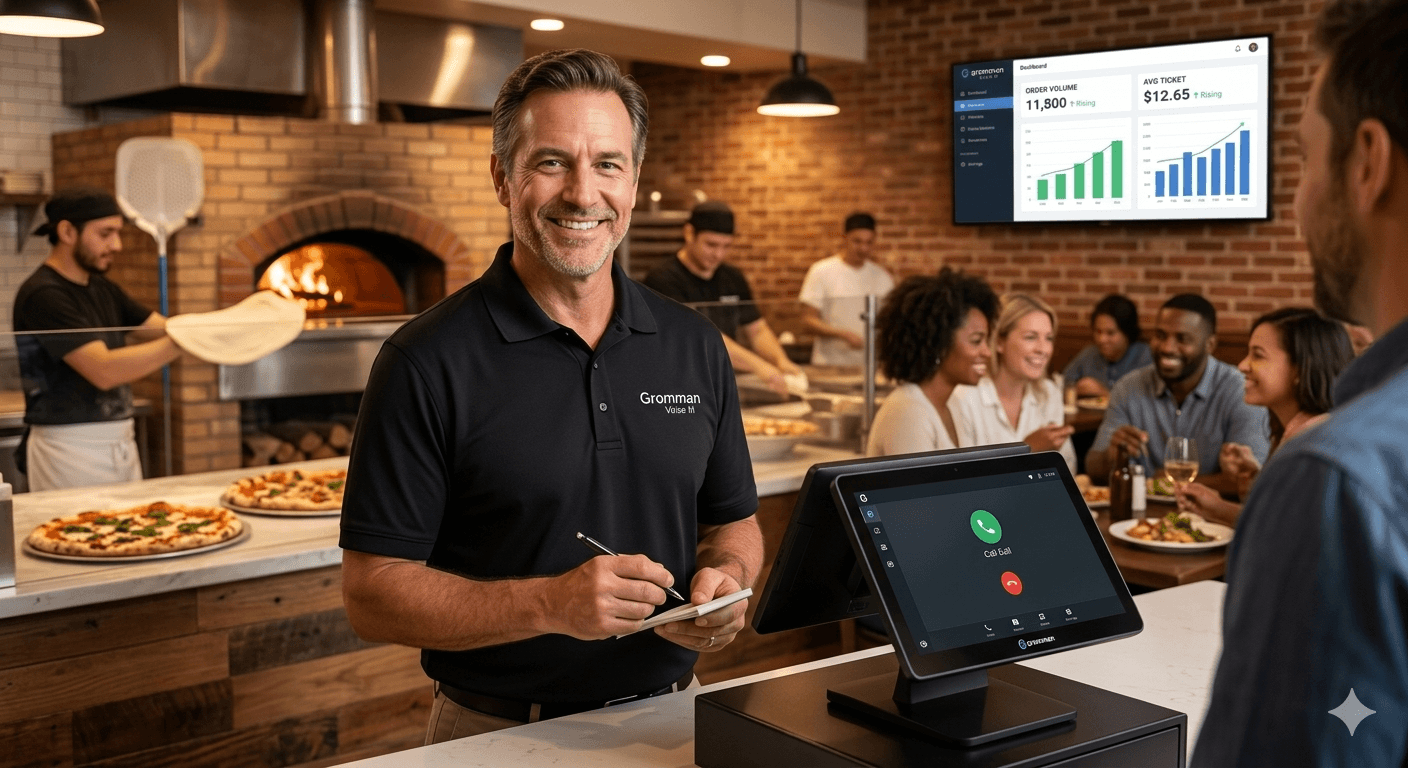 Gromman Voice AI assistant integrated into the pizzeria kitchen workflow for automated order intake.